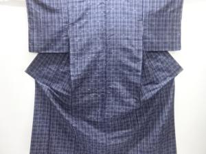 未使用品　格子に絣柄織り出し米沢紬着物